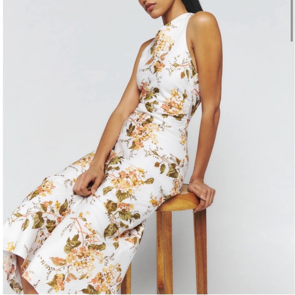 Reformation White Floral Midi Dress with Yellow and Olive Print
